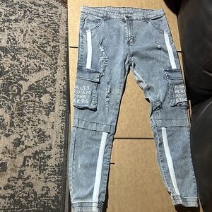 Men’s Distressed Cargo Jeans with White Stripes